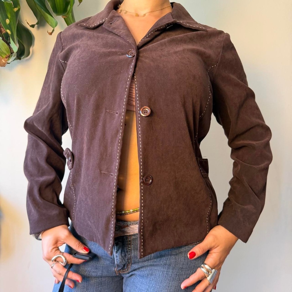 First Option Vintage 90s Brown Faux Suede Contrast Stitch Blazer Cardigan 12